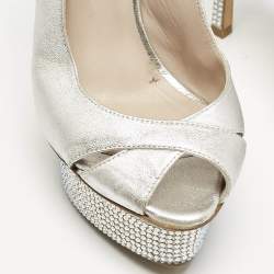 Le Silla Metallic Silver Leather Crystal Embellished Platform Slingback Sandals Size 36