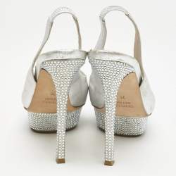 Le Silla Metallic Silver Leather Crystal Embellished Platform Slingback Sandals Size 36