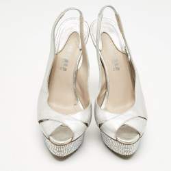 Le Silla Metallic Silver Leather Crystal Embellished Platform Slingback Sandals Size 36