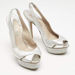 Le Silla Metallic Silver Leather Crystal Embellished Platform Slingback Sandals Size 36