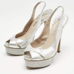 Le Silla Metallic Silver Leather Crystal Embellished Platform Slingback Sandals Size 36
