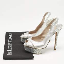 Le Silla Metallic Silver Leather Crystal Embellished Platform Slingback Sandals Size 36