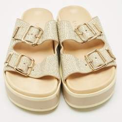 Le Silla Metallic Gold Suede Crystal Embellished Poolside Platform Sandals Size 38