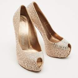 Pre Owned Le Silla Metallic Beige Satin Crystal Embellished Peep Toe Platform Pumps Size 37