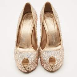 Pre Owned Le Silla Metallic Beige Satin Crystal Embellished Peep Toe Platform Pumps Size 37