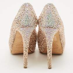Pre Owned Le Silla Metallic Beige Satin Crystal Embellished Peep Toe Platform Pumps Size 37