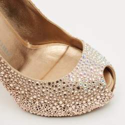 Pre Owned Le Silla Metallic Beige Satin Crystal Embellished Peep Toe Platform Pumps Size 37