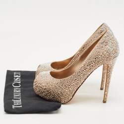 Pre Owned Le Silla Metallic Beige Satin Crystal Embellished Peep Toe Platform Pumps Size 37