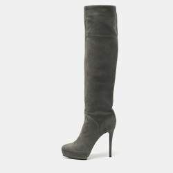 Pre Owned Le Silla Grey Nubuck Leather Velour Knee Length Boots Size 38