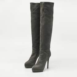Pre Owned Le Silla Grey Nubuck Leather Velour Knee Length Boots Size 38