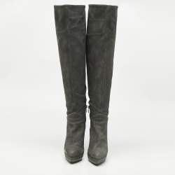 Pre Owned Le Silla Grey Nubuck Leather Velour Knee Length Boots Size 38