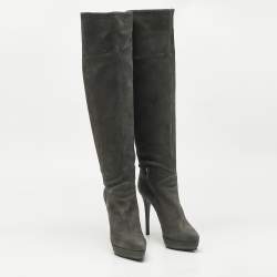 Pre Owned Le Silla Grey Nubuck Leather Velour Knee Length Boots Size 38