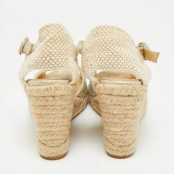 Pre Owned Le Silla Gold Leather and Suede Crystal Embellished Espadrille Wedge Sandals Size 38