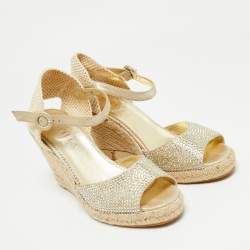 Pre Owned Le Silla Gold Leather and Suede Crystal Embellished Espadrille Wedge Sandals Size 38