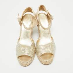 Pre Owned Le Silla Gold Leather and Suede Crystal Embellished Espadrille Wedge Sandals Size 38