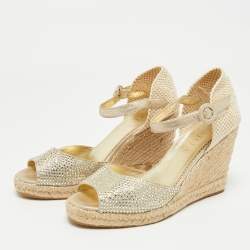 Pre Owned Le Silla Gold Leather and Suede Crystal Embellished Espadrille Wedge Sandals Size 38