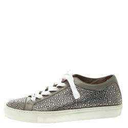 Pre Owned Le Silla Grey Crystal Embellished Leather Lace Up Sneakers Size 36
