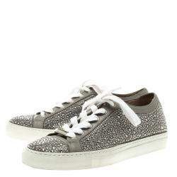 Pre Owned Le Silla Grey Crystal Embellished Leather Lace Up Sneakers Size 36