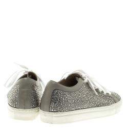 Pre Owned Le Silla Grey Crystal Embellished Leather Lace Up Sneakers Size 36