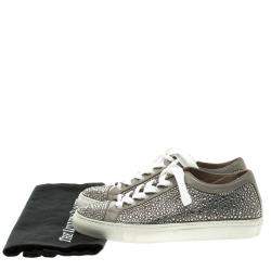 Pre Owned Le Silla Grey Crystal Embellished Leather Lace Up Sneakers Size 36