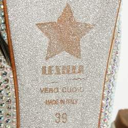 Pre Owned Le Silla Silver Texture  Suede and Crystal Embellished Peep Toe Pumps Size 39