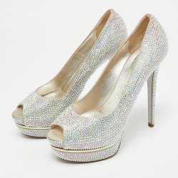 Pre Owned Le Silla Silver Texture  Suede and Crystal Embellished Peep Toe Pumps Size 39