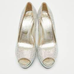 Pre Owned Le Silla Silver Texture  Suede and Crystal Embellished Peep Toe Pumps Size 39