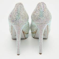 Pre Owned Le Silla Silver Texture  Suede and Crystal Embellished Peep Toe Pumps Size 39