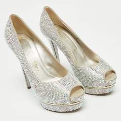 Pre Owned Le Silla Silver Texture  Suede and Crystal Embellished Peep Toe Pumps Size 39