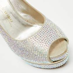 Pre Owned Le Silla Silver Texture  Suede and Crystal Embellished Peep Toe Pumps Size 39