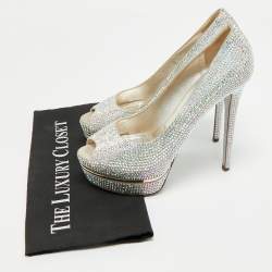 Pre Owned Le Silla Silver Texture  Suede and Crystal Embellished Peep Toe Pumps Size 39
