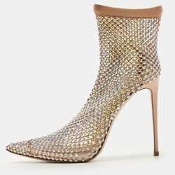 Pre Owned Le Silla Beige Stretch Fabric Gilda Ankle Length Boots Size 38