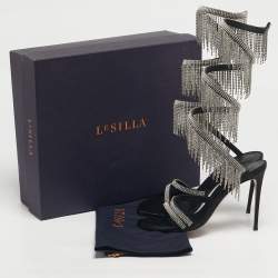 مملوكة مسبقًا صندل برباط حول الكاحل لي سيلا مزين بالجواهر كريستالية من الساتان الأسود مقاس 38