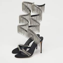 مملوكة مسبقًا صندل برباط حول الكاحل لي سيلا مزين بالجواهر كريستالية من الساتان الأسود مقاس 38