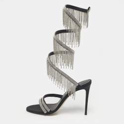 Pre Owned Le Silla Black Satin Crystal Embellished Jewels Ankle Wrap Sandals Size 39