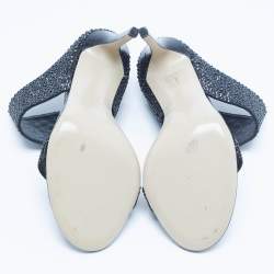 Pre Owned Le Silla Black Snakeskin Embossed Leather and Suede Crystal Embellished Slide Sandals Size 37.5