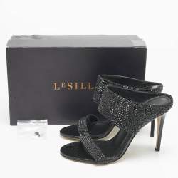 Pre Owned Le Silla Black Snakeskin Embossed Leather and Suede Crystal Embellished Slide Sandals Size 37.5