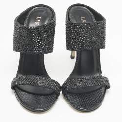 Pre Owned Le Silla Black Snakeskin Embossed Leather and Suede Crystal Embellished Slide Sandals Size 37.5