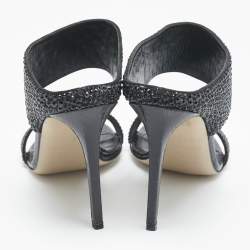 Pre Owned Le Silla Black Snakeskin Embossed Leather and Suede Crystal Embellished Slide Sandals Size 37.5