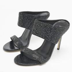 Pre Owned Le Silla Black Snakeskin Embossed Leather and Suede Crystal Embellished Slide Sandals Size 37.5