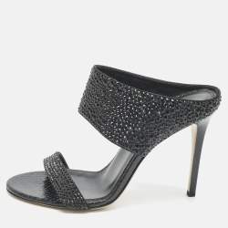 Pre Owned Le Silla Black Snakeskin Embossed Leather and Suede Crystal Embellished Slide Sandals Size 37.5