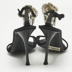 Pre Owned Le Silla Black Satin Crystal Embellish T-Strap Sandals Size 38.5