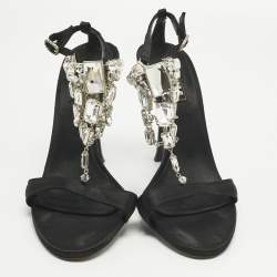 Pre Owned Le Silla Black Satin Crystal Embellish T-Strap Sandals Size 38.5