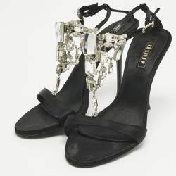 Pre Owned Le Silla Black Satin Crystal Embellish T-Strap Sandals Size 38.5