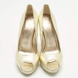 Pre Owned Le Silla Gold Leather Crystal Embellished Platform Pumps Size 41