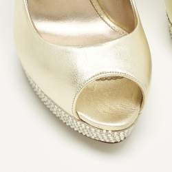 Pre Owned Le Silla Gold Leather Crystal Embellished Platform Pumps Size 41