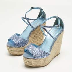 Pre Owned Le Silla Blue Suede Crystal Embellish Espadrille Wedge Sandals Size 36.5