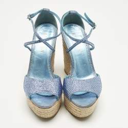 Pre Owned Le Silla Blue Suede Crystal Embellish Espadrille Wedge Sandals Size 36.5