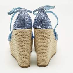 Pre Owned Le Silla Blue Suede Crystal Embellish Espadrille Wedge Sandals Size 36.5