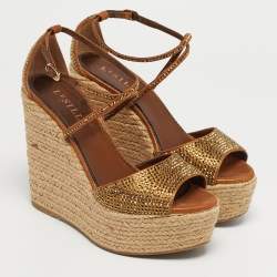 Pre Owned Le Silla Gold Suede Crystal Embellish Espadrille Wedge Sandals Size 37